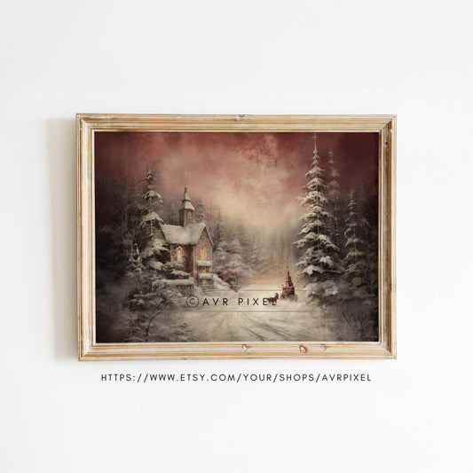 Christmas Wall Art | Winter Village Church  - Vintage Snowy Holiday Decor _ Avr pixel - Avr Pixel