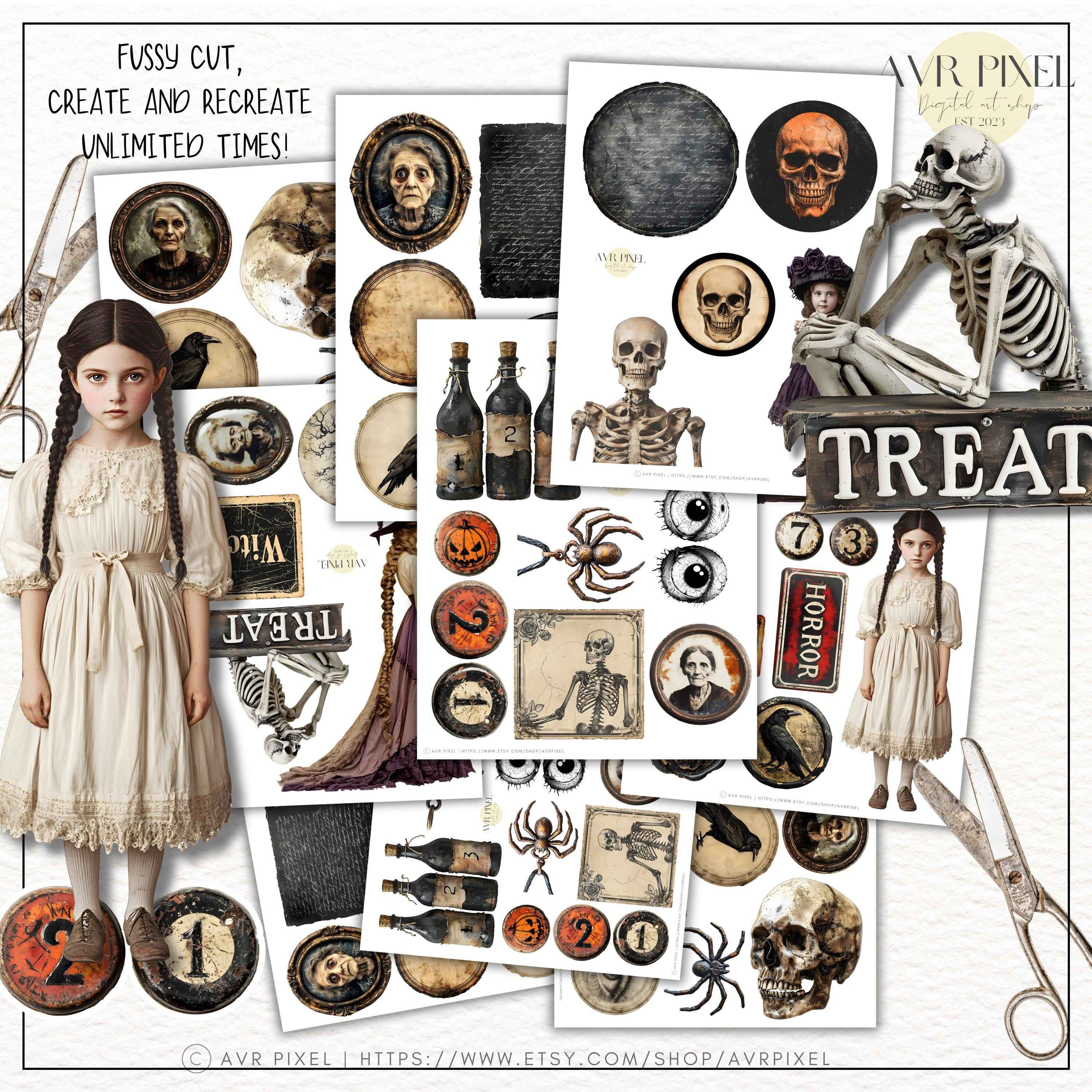 Vintage Halloween Ephemera Kit: Gothic Scrapbook Clipart (PDF Download)