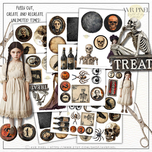 Vintage Halloween Ephemera Kit: Gothic Scrapbook Clipart (PDF Download)