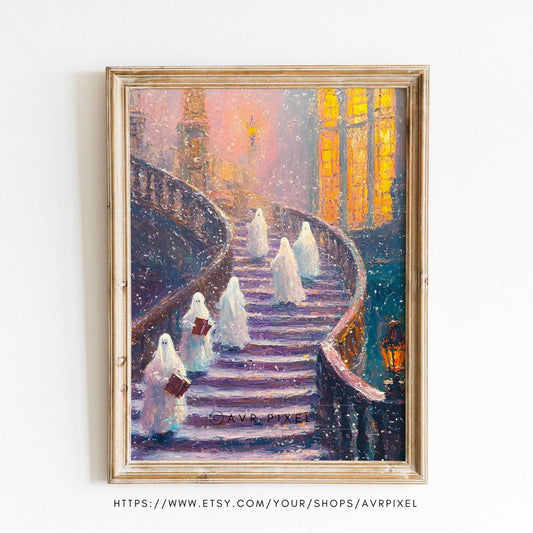 Halloween Wall Art | Vintage   - Whimsical Ghostly Stairway Painting _ Avr pixel - Avr Pixel