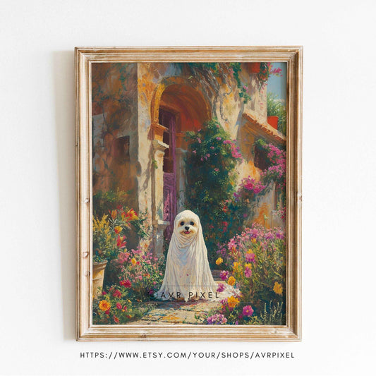 Halloween Wall Art | Whimsical Floral Ghost Painting - Vintage-Style _ Avr pixel - Avr Pixel