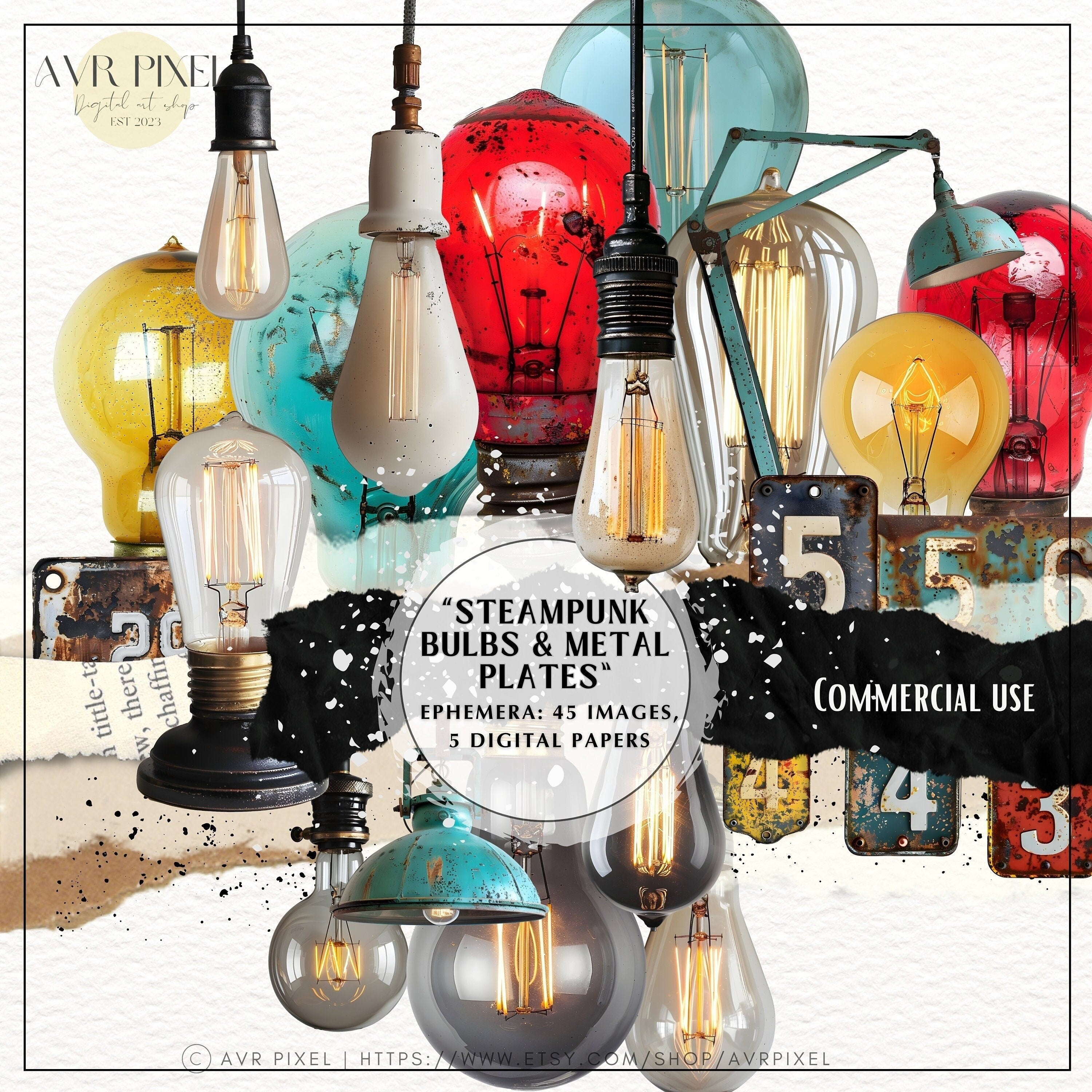45 Steampunk Bulbs & Metal Plates, Vintage Digital Papers for Junk Journals, DIY Crafts and Scrapbooking