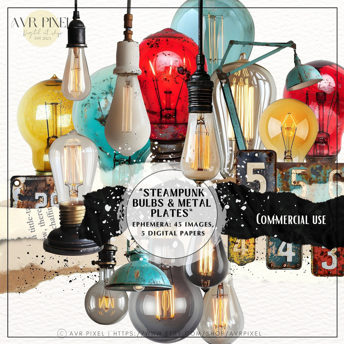 45 Steampunk Bulbs & Metal Plates, Vintage Digital Papers for Junk Journals, DIY Crafts and Scrapbooking