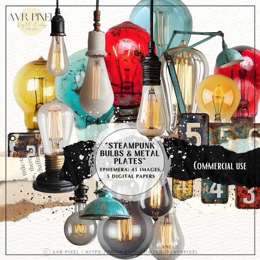 Steampunk Scrapbook Ephemera Set: Victorian Bulbs & Metal Plates (PDF Download)