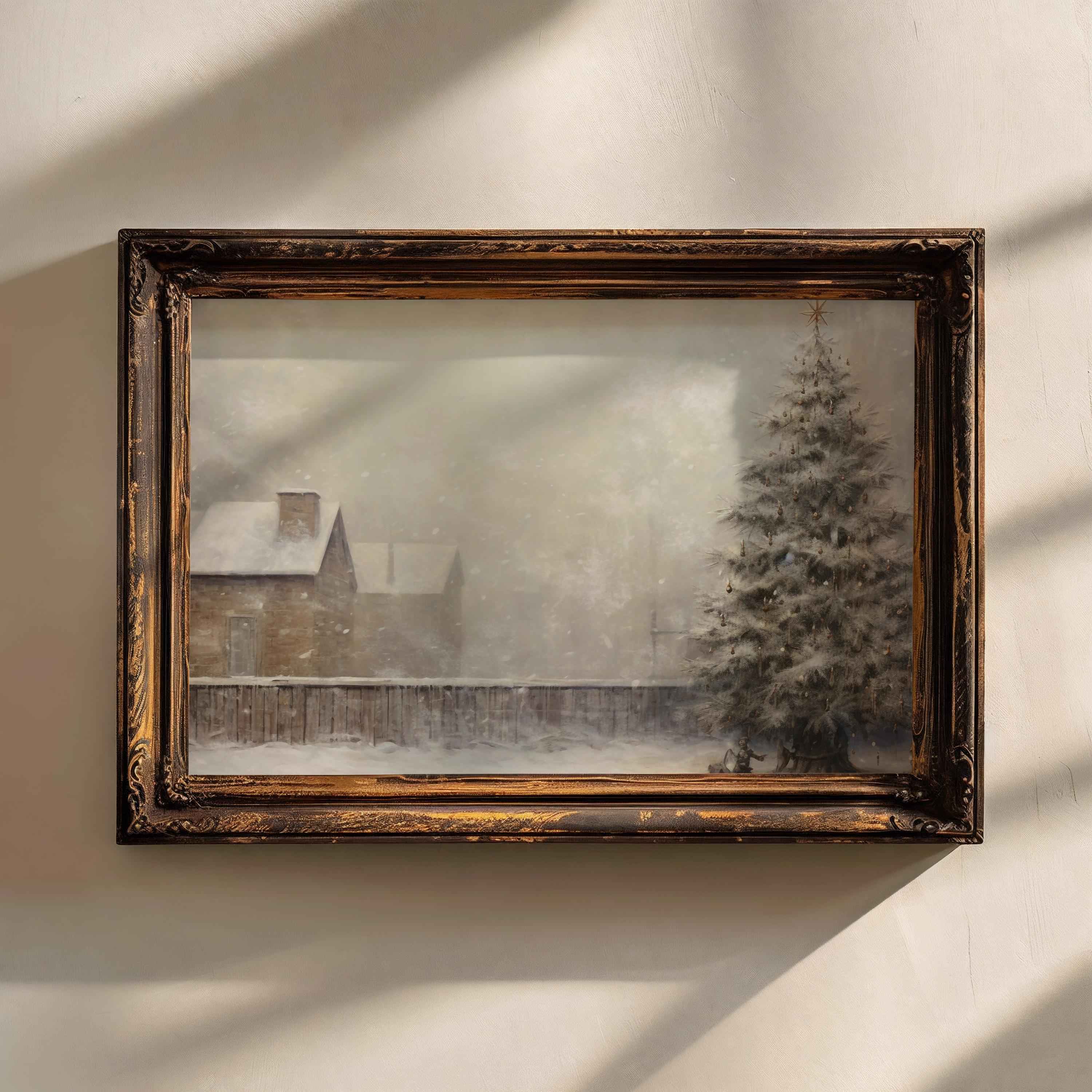 Rustic Winter Scene Print: Snowy Christmas Tree Farmhouse Decor (PDF Download)