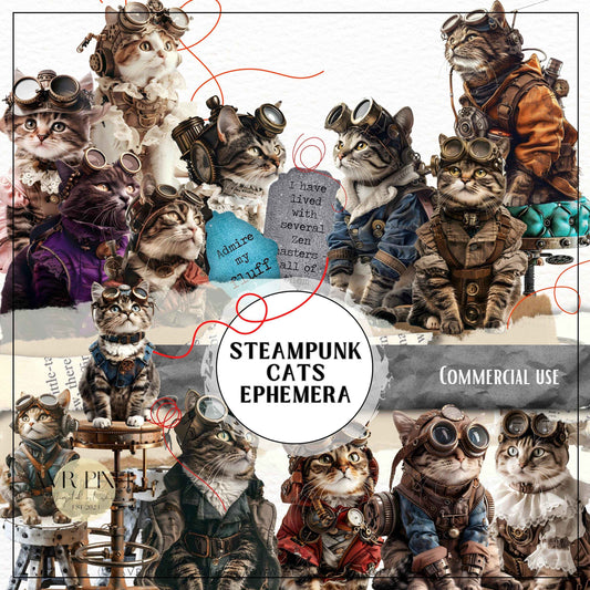 Steampunk Cats Clip Art: Victorian Ephemera, Junk Journal Kit (PDF Download)