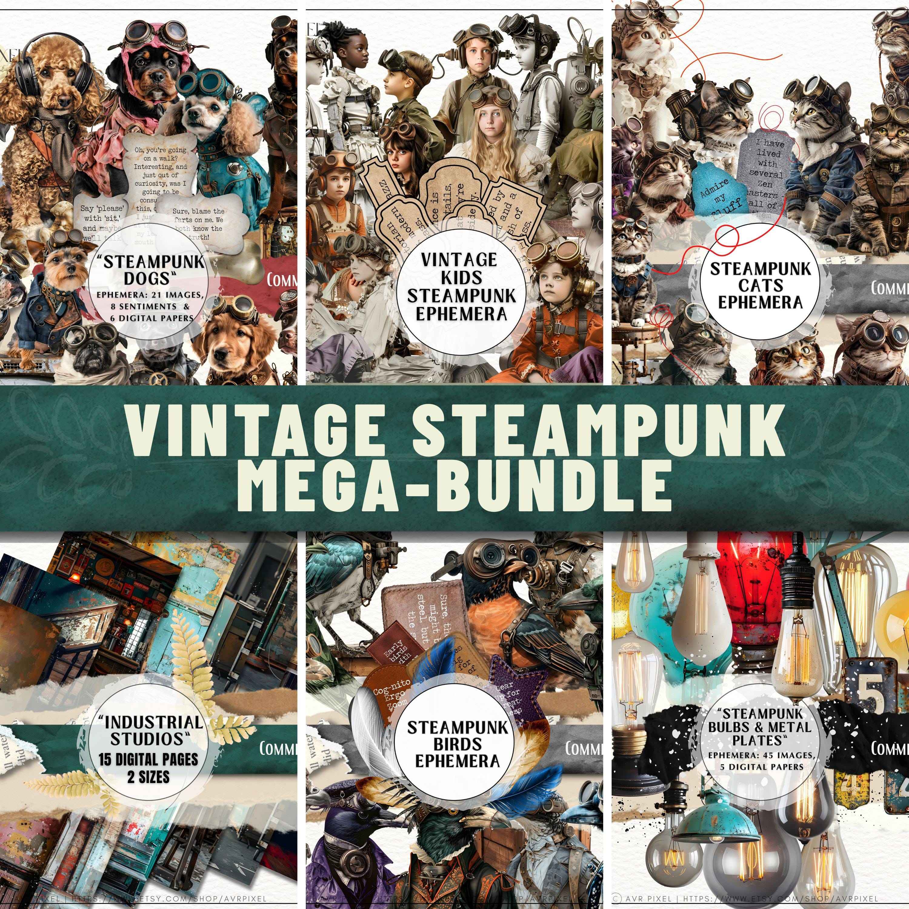 Steampunk Vintage Ephemera Kit | 200+ Junk Journal Clipart & Collage | Digital Download