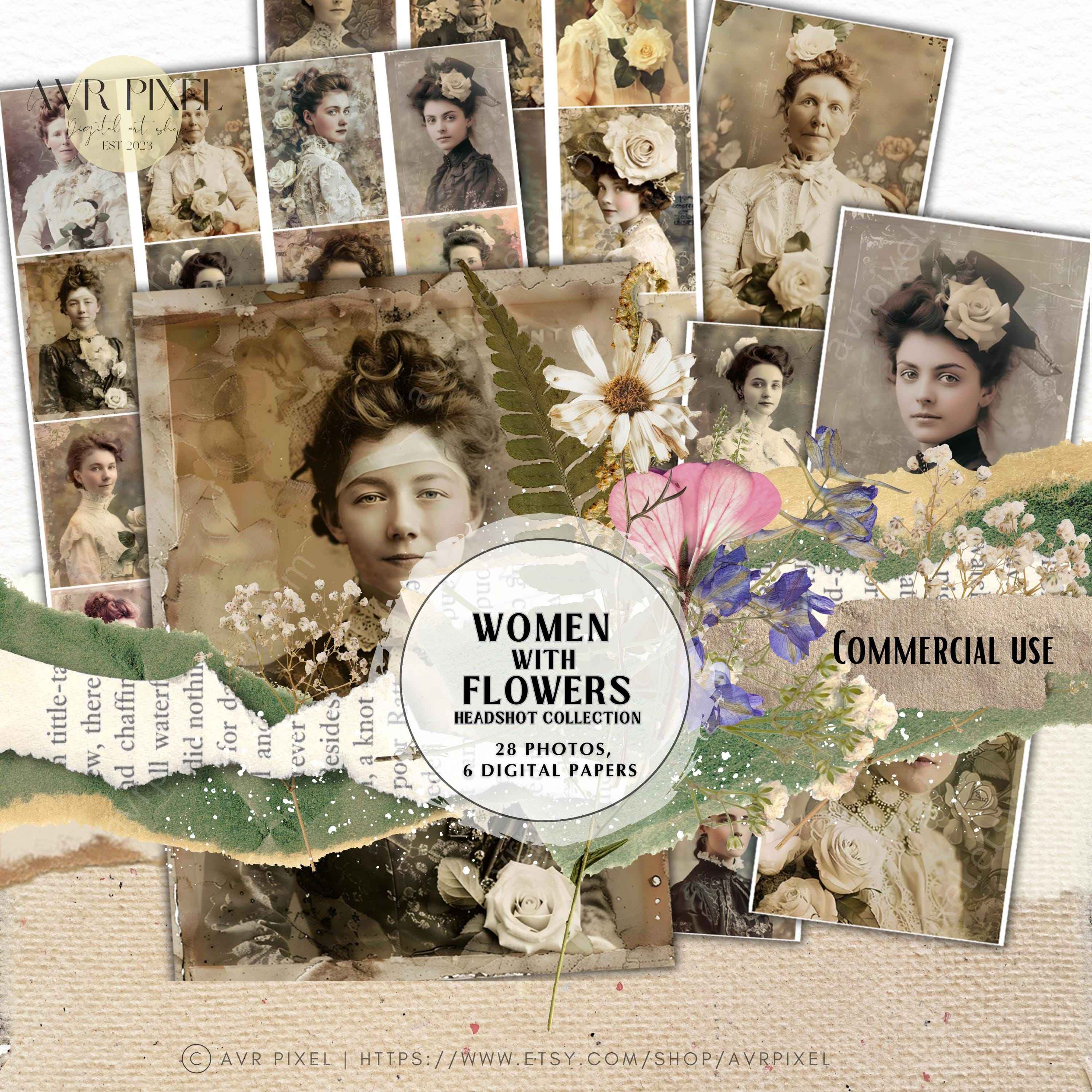 Vintage Women Headshots with Flowers | Junk Journal Ephemera Digital Kit | Commercial Use Scrapbook Supplies