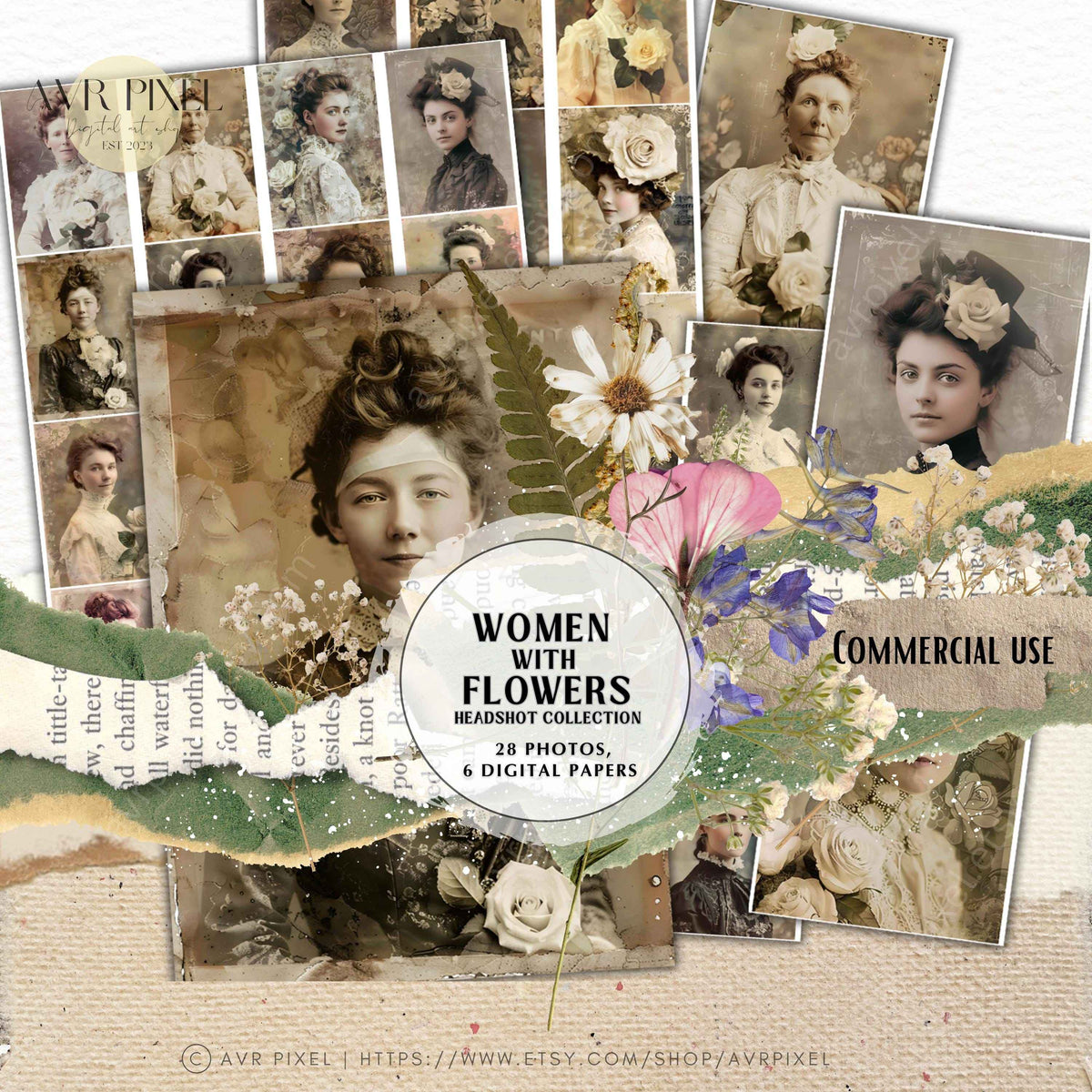 Vintage Women Headshots with Flowers | Junk Journal Ephemera Digital Kit | Commercial Use Scrapbook Supplies