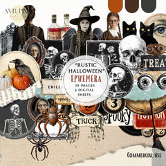 Rustic Halloween Printable Ephemera Set | Spooky Gothic Clipart | Skeletons, Witches, Junk Journal Kit | Vintage Halloween Craft Supplies _ Avr pixel - Avr Pixel