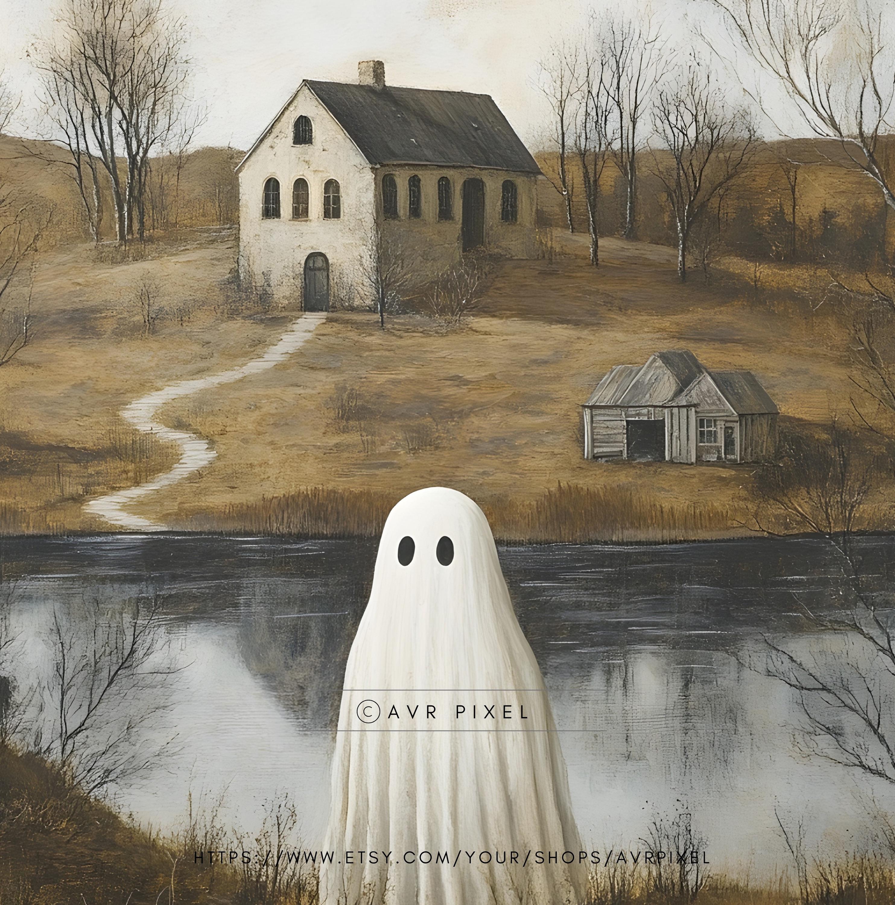 Halloween Wall Art Print - Ghost in Misty Landscape | Spooky Cottage Ghost Art Instant Printable Decor - Avr Pixel