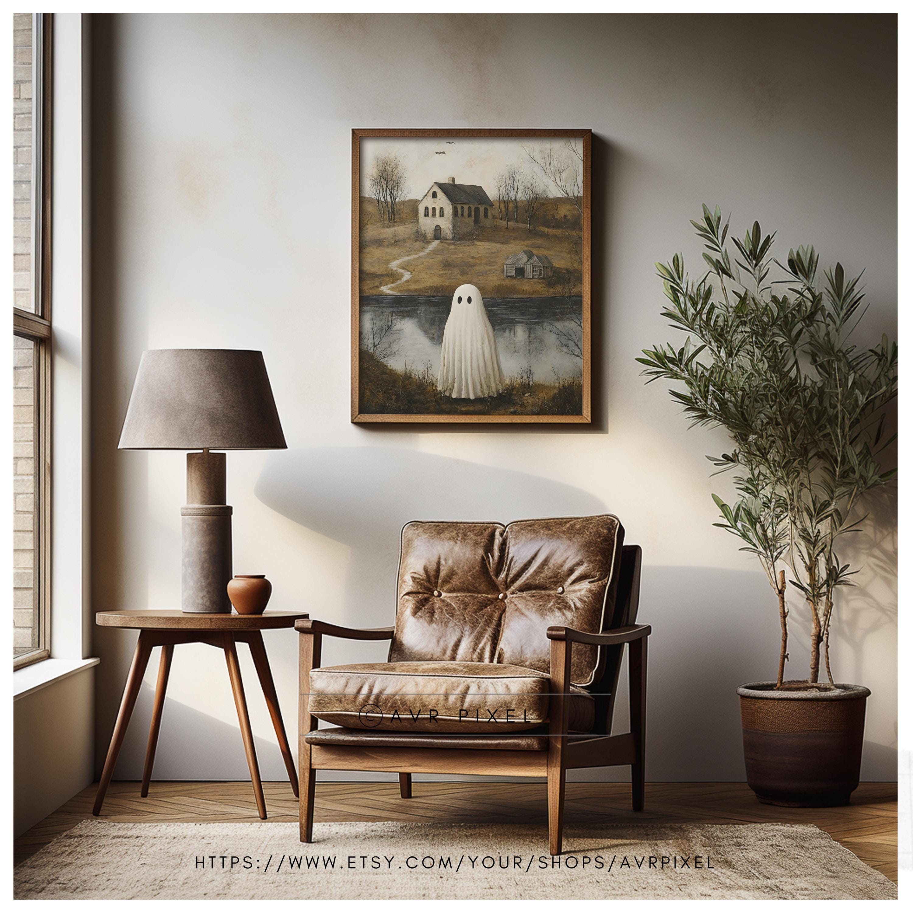 Halloween Wall Art Print - Ghost in Misty Landscape | Spooky Cottage Ghost Art Instant Printable Decor - Avr Pixel