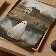 Halloween Wall Art Print - Ghost in Misty Landscape | Spooky Cottage Ghost Art Instant Printable Decor - Avr Pixel