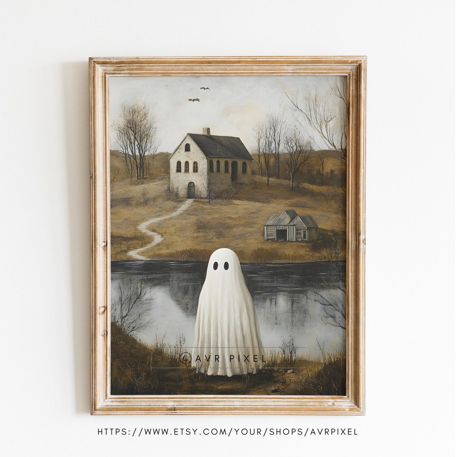 Halloween Wall Art Print - Ghost in Misty Landscape | Spooky Cottage Ghost Art Instant Printable Decor - Avr Pixel