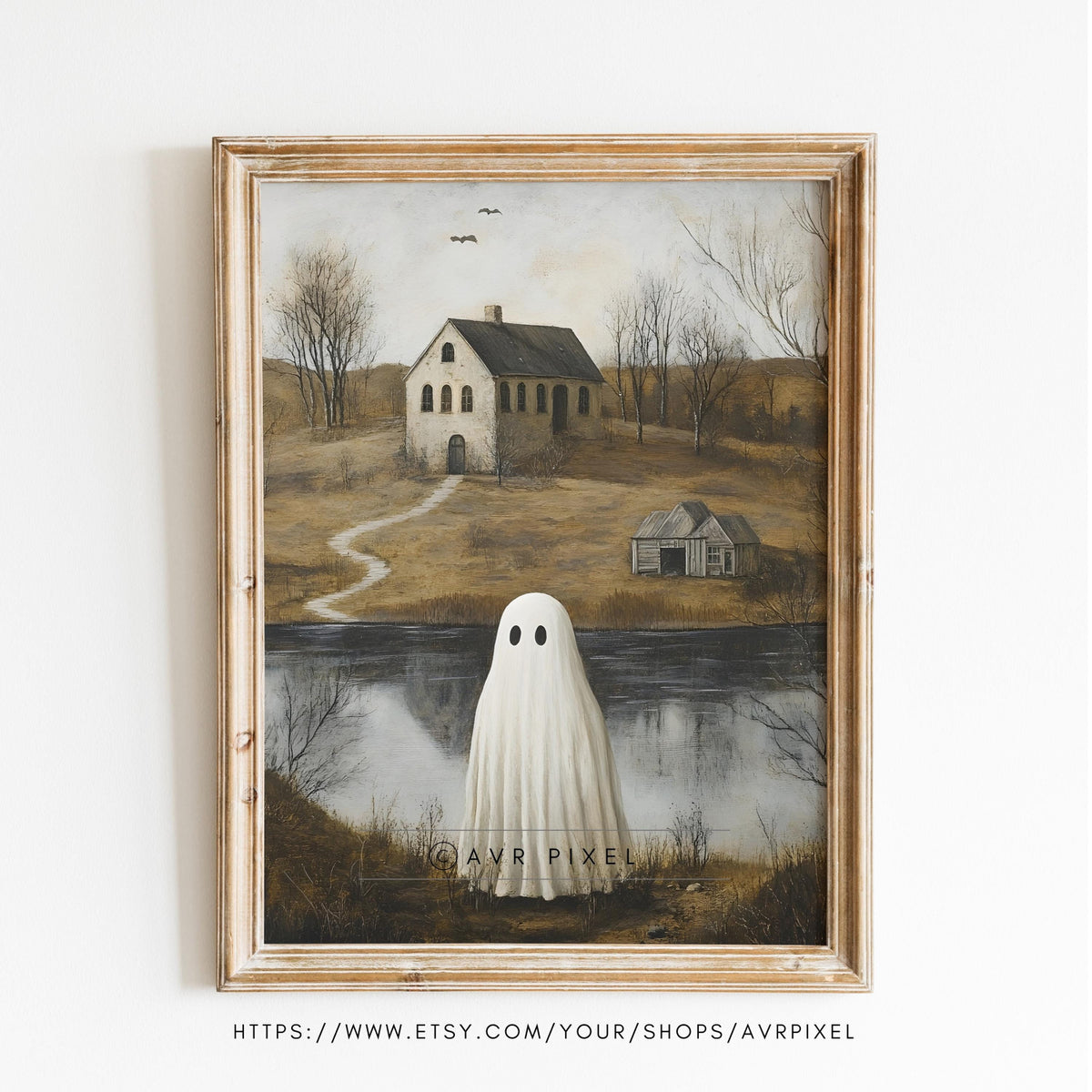 Halloween Wall Art Print - Ghost in Misty Landscape | Spooky Cottage Ghost Art Instant Printable Decor - Avr Pixel