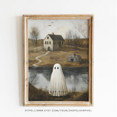 Halloween Wall Art Print - Ghost in Misty Landscape | Spooky Cottage Ghost Art Instant Printable Decor - Avr Pixel