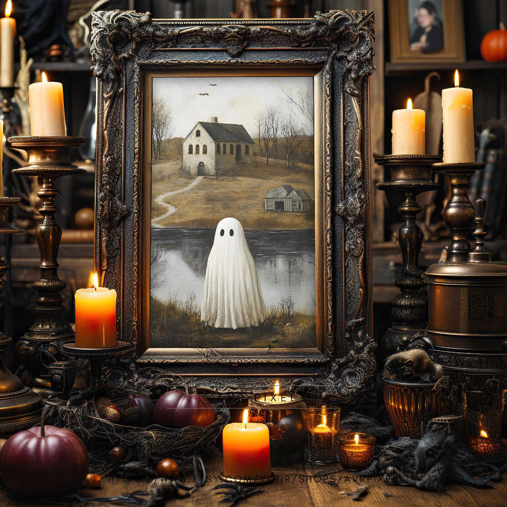 Halloween Wall Art Print - Ghost in Misty Landscape | Spooky Cottage Ghost Art Instant Printable Decor - Avr Pixel