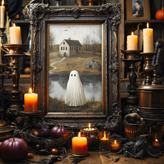 Halloween Wall Art Print - Ghost in Misty Landscape | Spooky Cottage Ghost Art Instant Printable Decor - Avr Pixel