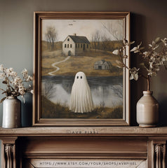 Halloween Wall Art Print - Ghost in Misty Landscape | Spooky Cottage Ghost Art Instant Printable Decor - Avr Pixel