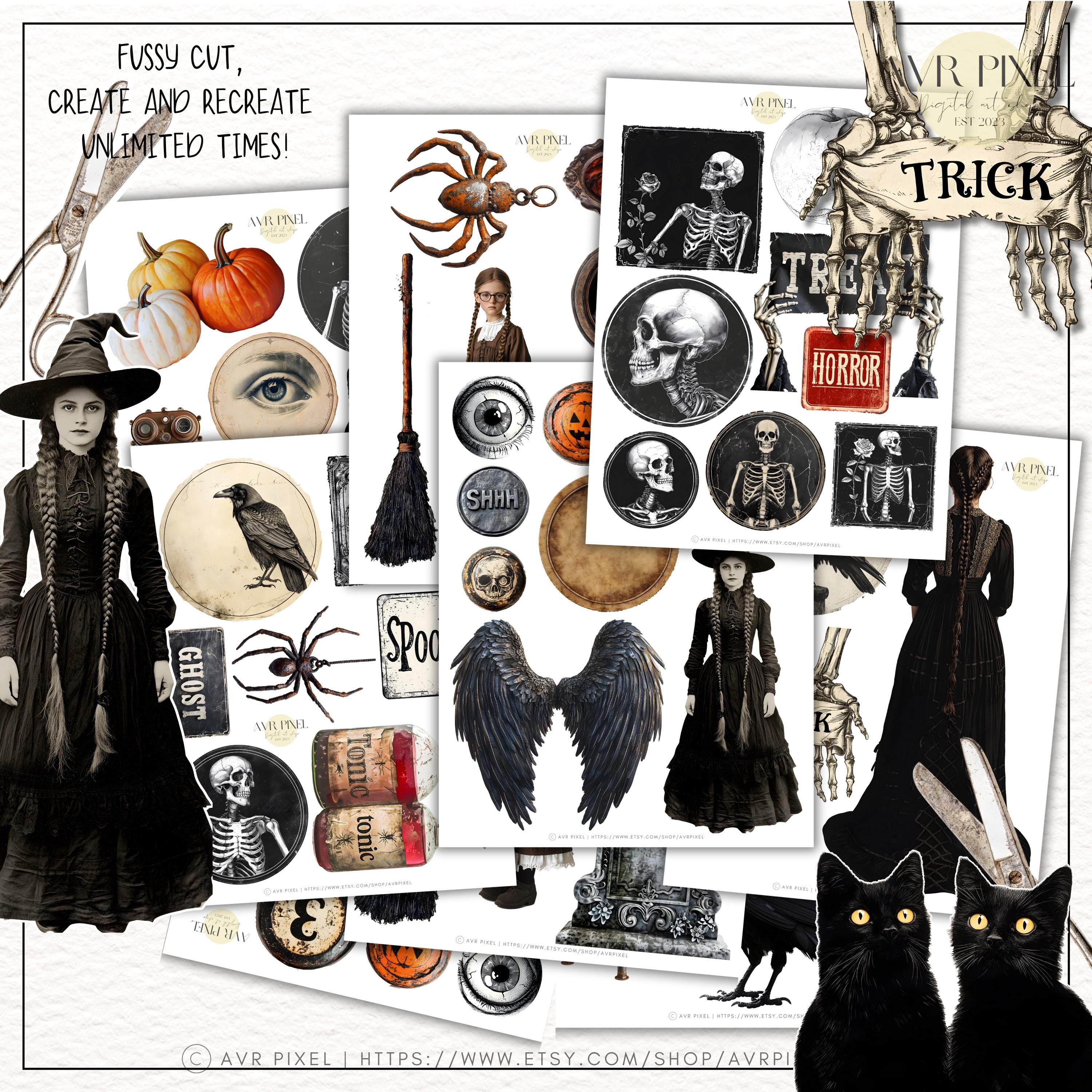 Rustic Halloween Printable Ephemera Set | Spooky Gothic Clipart | Skeletons, Witches, Junk Journal Kit | Vintage Halloween Craft Supplies _ Avr pixel - Avr Pixel