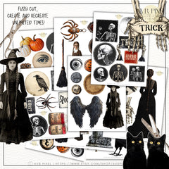Rustic Halloween Printable Ephemera Set | Spooky Gothic Clipart | Skeletons, Witches, Junk Journal Kit | Vintage Halloween Craft Supplies _ Avr pixel - Avr Pixel
