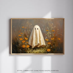 Ghost in Wildflower Meadow Art Print: Spooky Halloween Wall Decor (PDF Download)