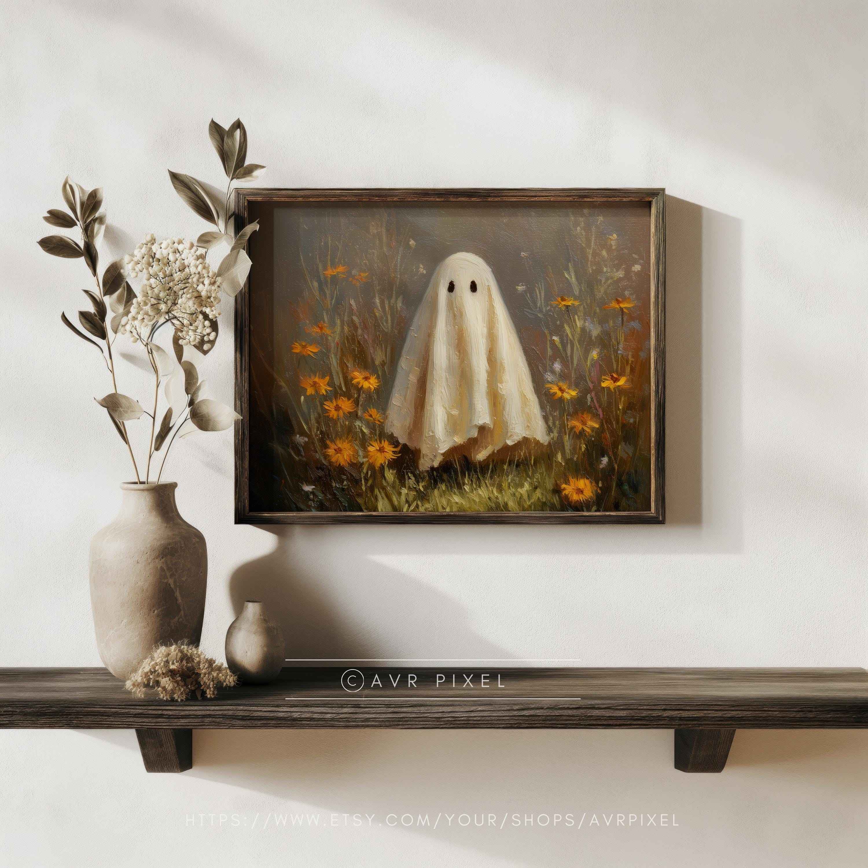 Ghost in Wildflower Meadow Art Print: Spooky Halloween Wall Decor (PDF Download)