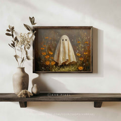 Ghost in Wildflower Meadow Art Print: Spooky Halloween Wall Decor (PDF Download)