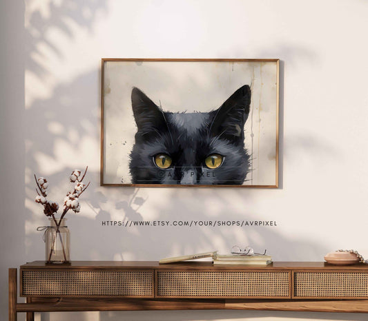 Whimsical Halloween Black Cat Wall Art: Spooky Fall Decor Digital Print for Elegant Home