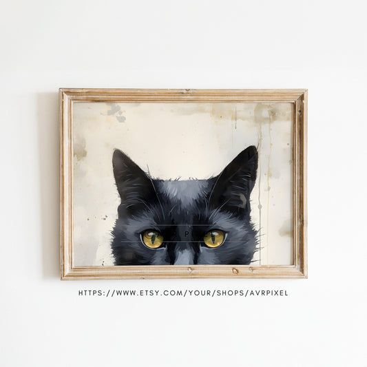 Whimsical Halloween Black Cat Wall Art: Spooky Fall Decor Digital Print for Elegant Home