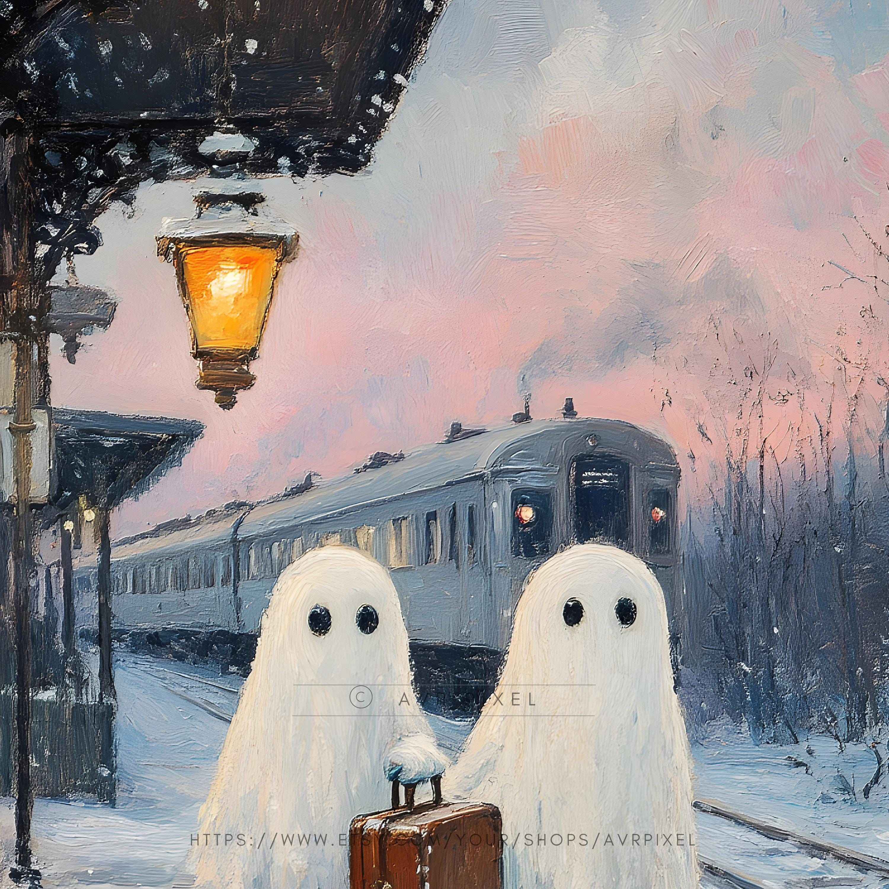 Ghost Train Station Halloween Painting: Spooky Wall Decor (PDF Download)