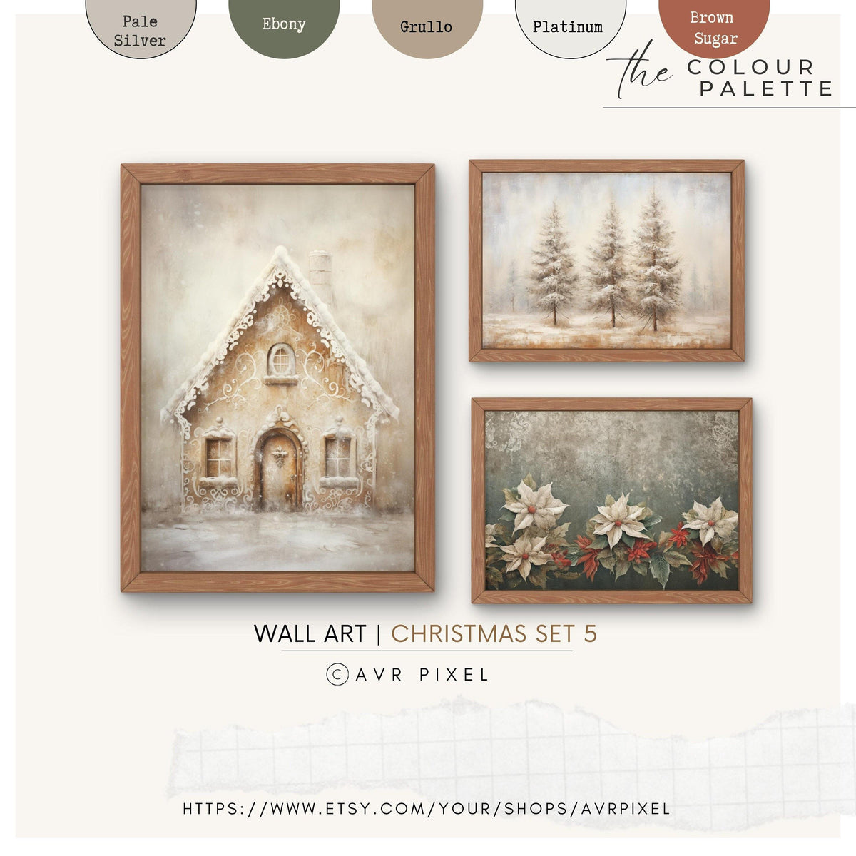 Farmhouse Christmas Prints: Gingerbread House, Poinsettia, Pine Tree (PDF Download)