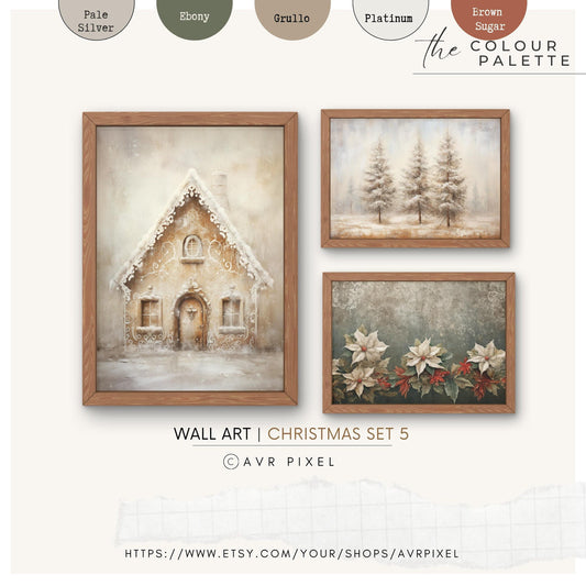 Farmhouse Christmas Prints: Gingerbread House, Poinsettia, Pine Tree (PDF Download)