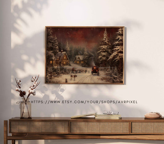 Vintage Christmas Landscape Print: Snowy Farmhouse Pine (PDF Download)