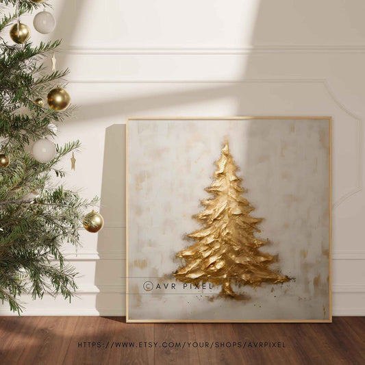 Gold Textured Christmas Tree Print: Farmhouse Holiday Decor (PDF Download)