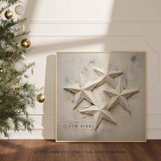 White Star Textured Painting: Minimalist Winter Wall Art (PDF Download)