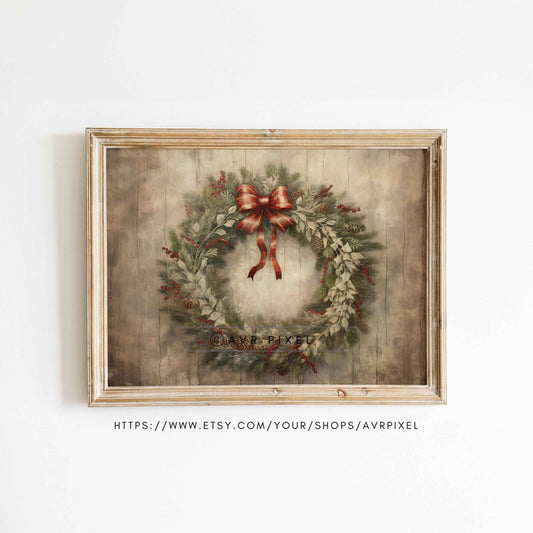 Vintage Christmas Wreath Print: Rustic Holiday Wall Art (PDF Download)