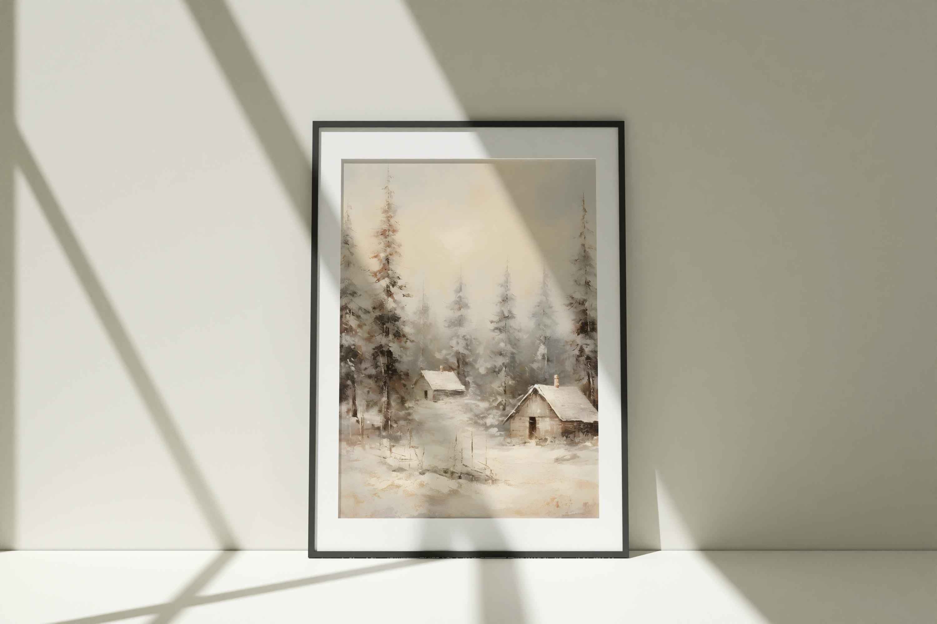 Rustic Winter Cabins Print: Snowy Landscape Art (PDF Download)