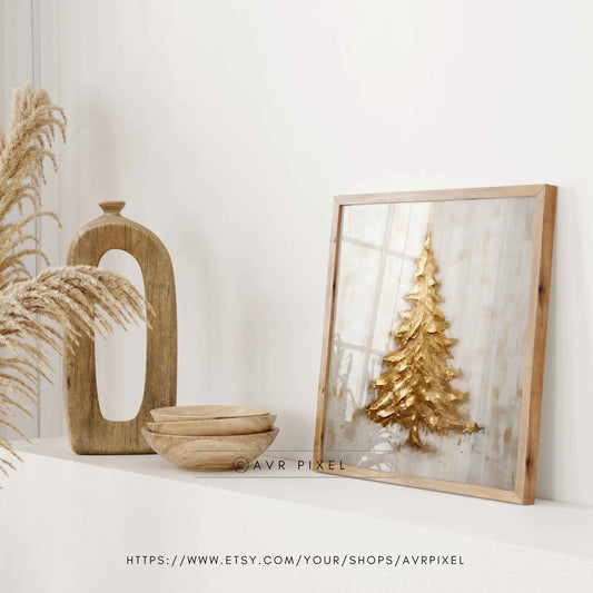 Gold Textured Christmas Tree Print: Farmhouse Holiday Decor (PDF Download)