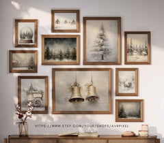 Vintage Farmhouse Christmas Prints: Rustic Winter Wall Art Set (PDF Download)