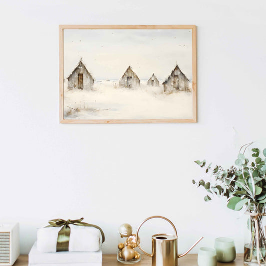 Neutral Winter Village Print | Rustic Farmhouse Christmas Landscape | Digital Download