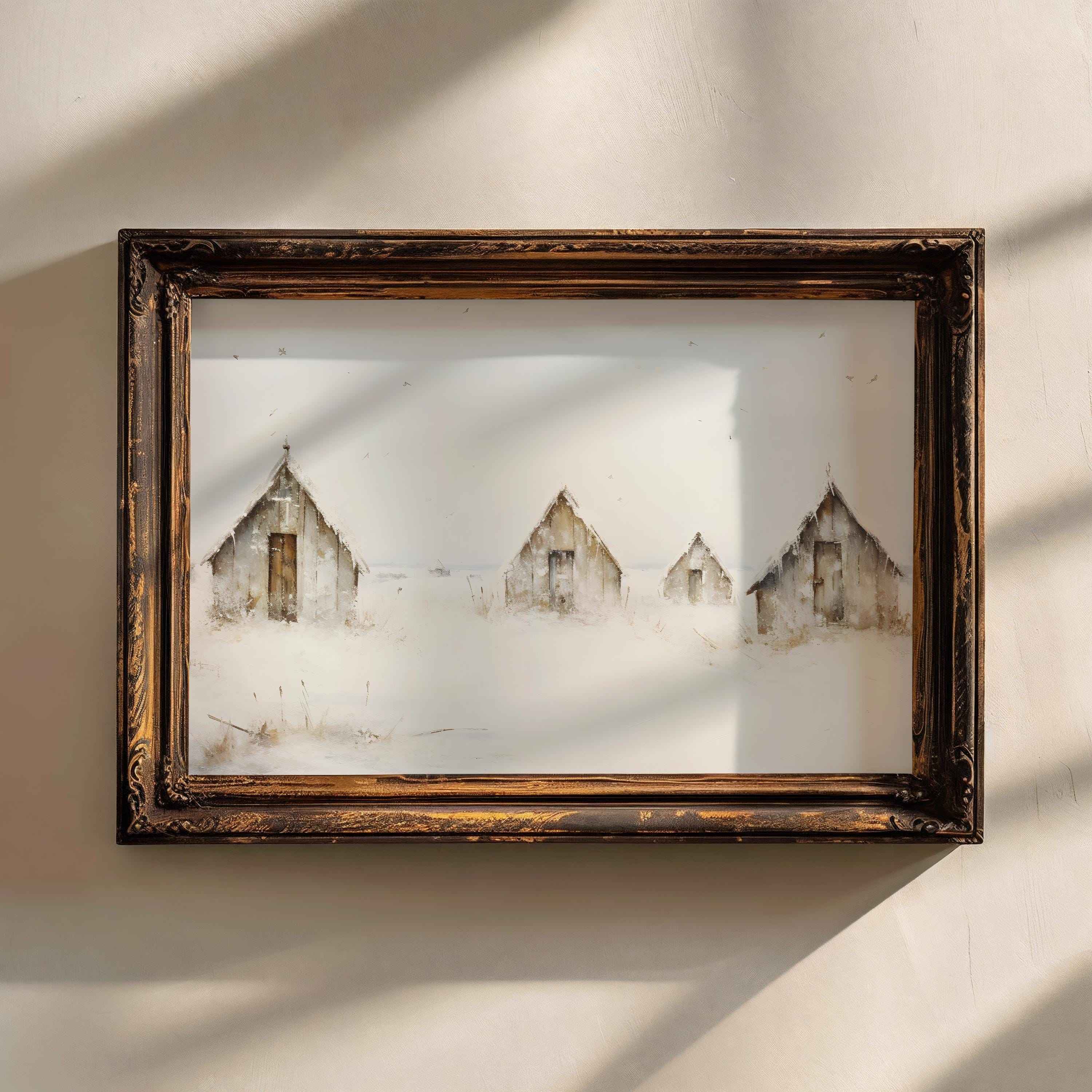 Neutral Winter Village Print | Rustic Farmhouse Christmas Landscape | Digital Download