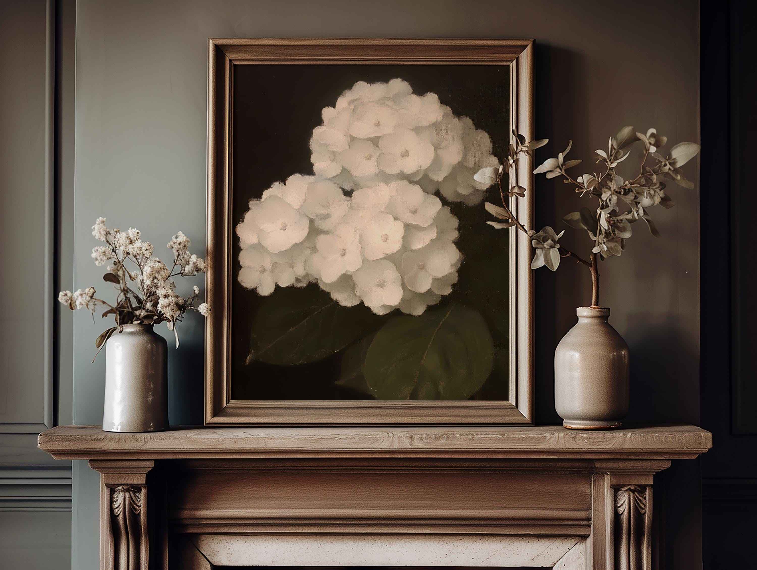 Hydrangea Wall Art Print: Dark Tone Minimalist Botanical Decor (Digital Download