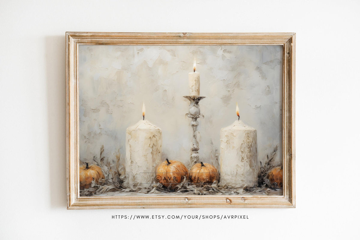 Pumpkin Candle Halloween Print | Neutral Rustic Fall Wall Art | Digital Download