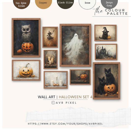 Spooky Halloween Wall Art Prints: Ghosts, Witches, Haunted Houses (PDF Download Bundle)