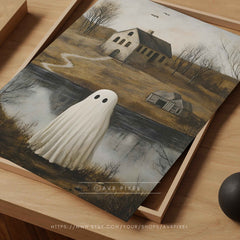 Spooky Ghost Cottage Print: Misty Halloween Landscape (PDF Download)