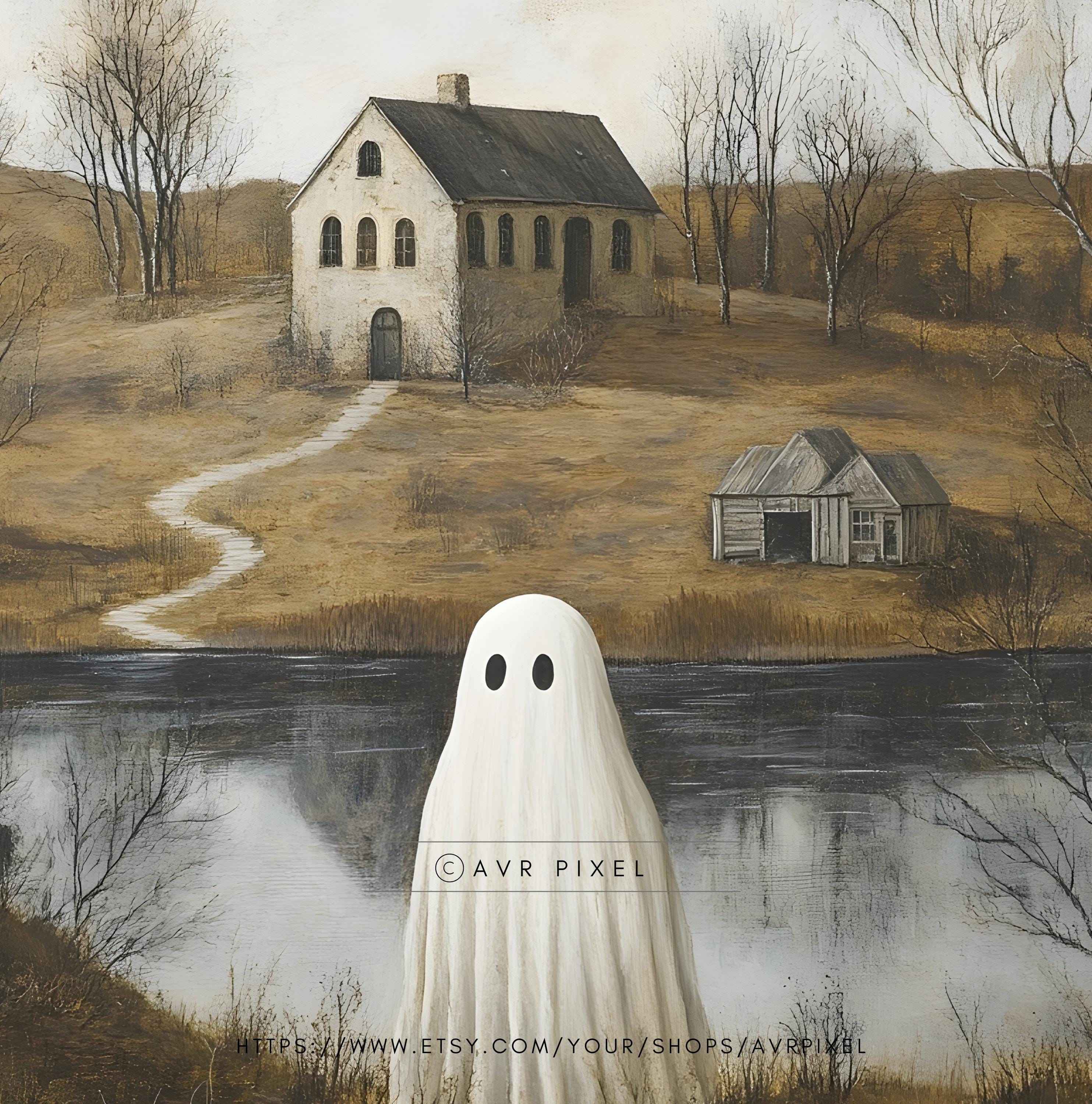 Spooky Ghost Cottage Print: Misty Halloween Landscape (PDF Download)
