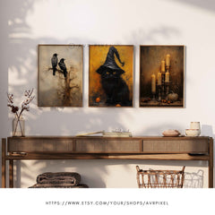 Spooky Halloween Wall Art Set: Witch, Pumpkin, Candles (PDF Download)