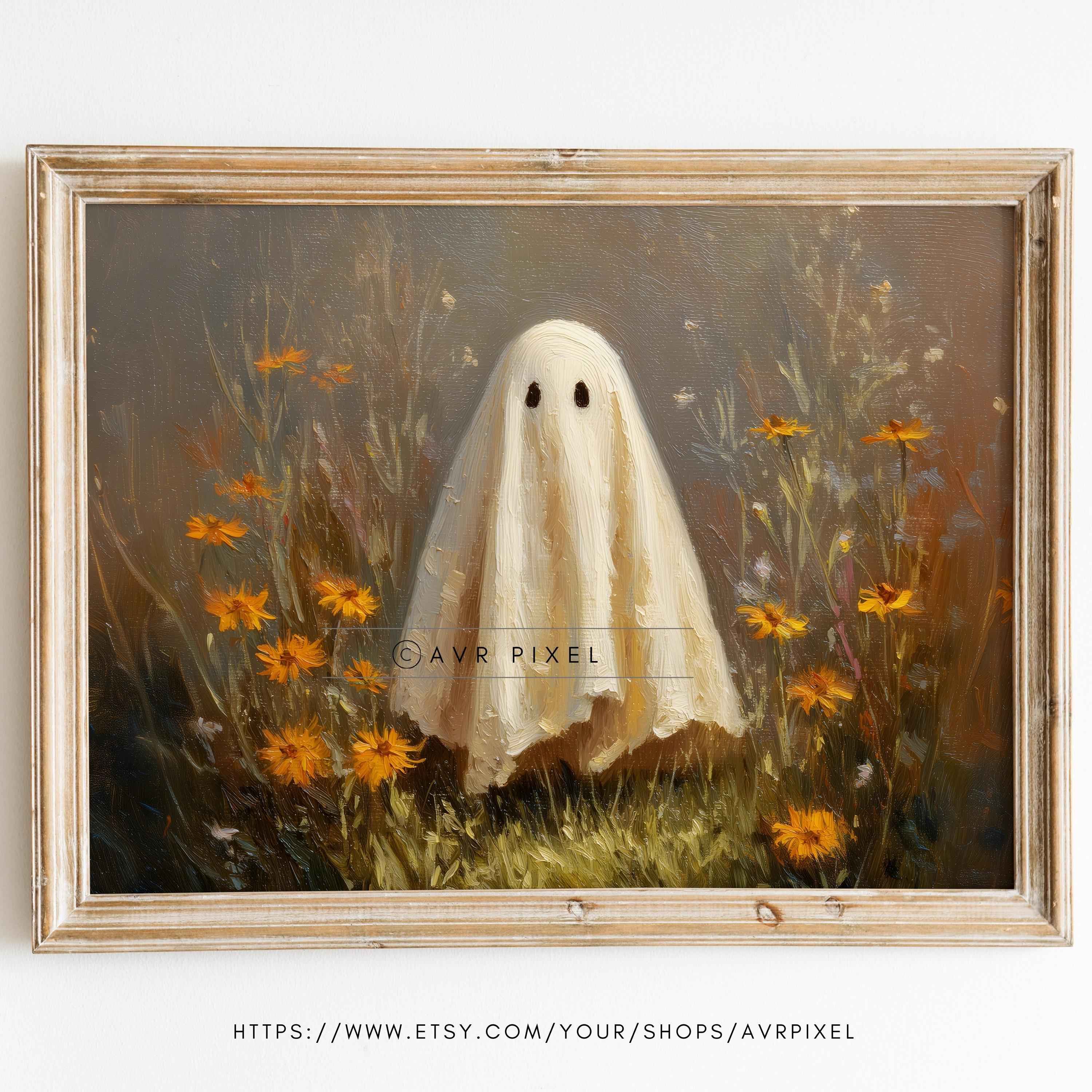 Ghost in Wildflower Meadow Art Print: Spooky Halloween Wall Decor (PDF Download)