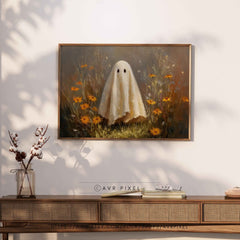 Ghost in Wildflower Meadow Art Print: Spooky Halloween Wall Decor (PDF Download)